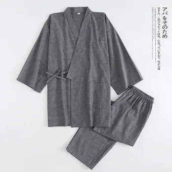 Nya Vatten-tvättad Bomull med Tunn Färg Ren Pyjamas Set V-Neck Våren Sleepwear Män och Kvinnor Japansk Älskare Kimono Hem Kläder