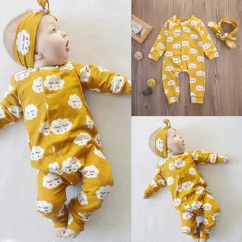 Nyfödda Baby Girl Ruffle Cloud Printing Romper Jumpsuit Pyjamas Lång Ärm Mjuka, Varma Kläder Ou