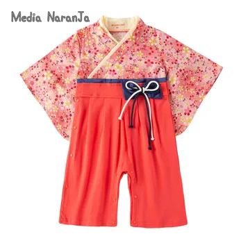 Nyfödda Flickor Våren Hösten Långärmad Baby Overall I Japansk Stil Röda Små Blommor Bowknot Tryckt Kimono Romper