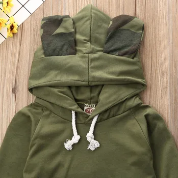 Nyfödda Pojke Flickor Lång Ärm Army Grön T-shirt med Huva Toppar + Kamouflage Byxor Outfit Passar Casual Kläder