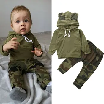 Nyfödda Pojke Flickor Lång Ärm Army Grön T-shirt med Huva Toppar + Kamouflage Byxor Outfit Passar Casual Kläder