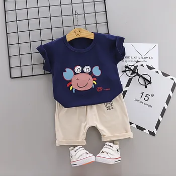 Nytt mode Baby skriva Tecknad krabba T-Shirt + Shorts Uppsättningar Pojkar Sport som Passar Barn bomull sommaren Sätter Barn kläder