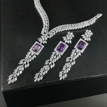 NYTT MODE, vintage V style lila ruta zirkon halsband örhänge bröllop brud eller formell klädsel smycken fri frakt