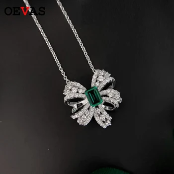 OEVAS Lyx Emerald Necklace för kvinnor 925 Sterling Silver Gnistor Full Zirkon Bow-knut Hänge halsband smycken Presenter