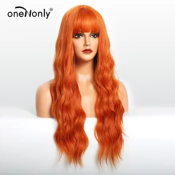 OneNonly Lång Kropp Våg Ombre Orange Lila Grå Syntetiska Peruk med Lugg Lös Våg för Kvinnor Cosplay Dagliga värmeändig Peruk