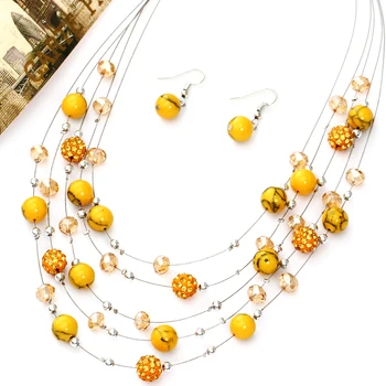 Orange Boll Smycken Uppsättningar Multi-layer Böhmen Pärlor Uttalande Halsband Bollen Smycken Örhängen För Kvinnor Kostym Smycken