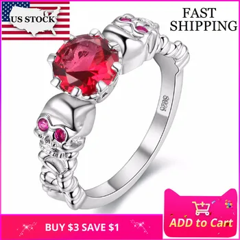 OSS STOCK Uloveido Röd Ring Kvinnliga Cubic Zirconia Skull Silver Färg Ring för Kvinnor julfest Smycken Eller Halloween Y193