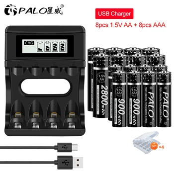 PALO 1,5 V AA+AAA Uppladdningsbart batteri 1,5 V AA 2800mWh+1,5 V AAA 900mWh Litium 1,5 V Laddningsbart Batteri För Klockan Leksaker Kamera
