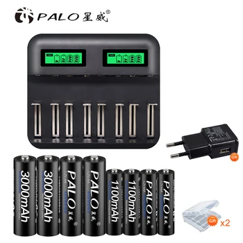 PALO LCD-skärm Smart USB-AA-AAA-batteri Laddare för AA, AAA, C, D batteri+1,2 V Ni-MH-3000mah AA&1100mah AAA laddningsbart batteri