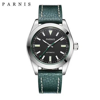 Parnis 40mm Automatiska Mekaniska klockor Mens Klockor Lyx Safir Kristall Klocka Läder Vattentät Lysande Armbandsur för Män