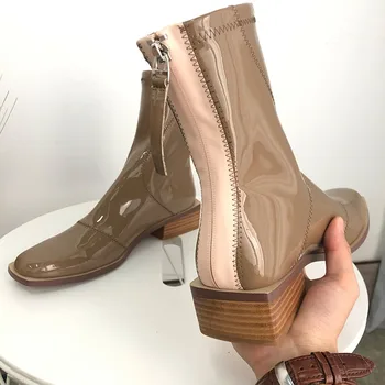 Patent Läder Kvinnor Boots Dragkedja På Baksidan Chunky Klack Skor Kvinna Kort Tossor Våren Hösten Damer Stövlar Klänning Skor