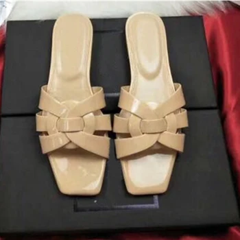 Patent Läder Kvinnor Platta Sandaler Sammanflätning Remmar Sommar Strand Tofflor Bilder Lady Casual Mulor Skor Flip Flops