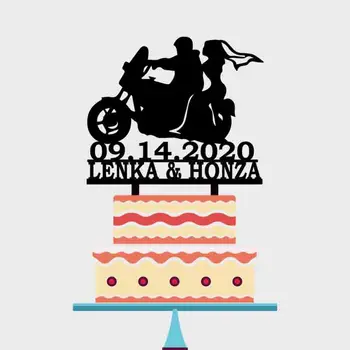 Personlig Wedding Cake Topper Anpassad Par Namn Bröllop Datum Brudgummen och Bruden Riding Motorcykel Wedding Cake Topper YC217