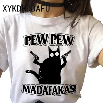 Pew Pew Madafakas T Shirt Kvinnor kawaii Svart Katt Tshirt Meme ulzzang Harajuku Casual T-shirt Harajuku Streetwear Kvinnliga Toppar Tee