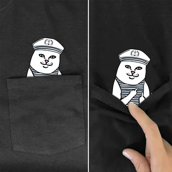 PLstar Cosmos T-Shirt sommaren pocket Katt tryckt t-shirt för män som för kvinnor shirts toppar rolig bomull svart utslagsplatser stil-1