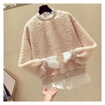 Plus sammet tjocka tröjor falska två-bit lamm ull toppar oversize tröja kvinnor vinter kläder 2020 nya koreanska stil lös