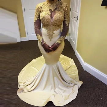 Plus Size Långa Ärmar gold lace white satin Bröllop klänningar mermaid 2020 Hög Hals Applikationer Afrikanska aftonklänningar