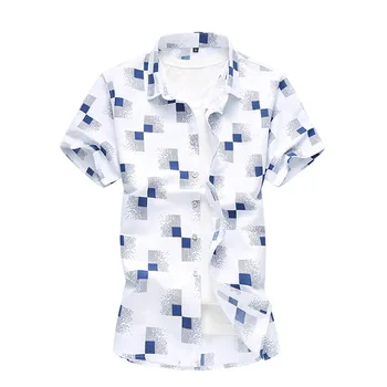 Plus-Storlek 5XL 6XL 7XL Sommaren Casual Skjortor kortärmad Rutig Button Down-Skjortor Navy Vit Design Camisa Blus Män