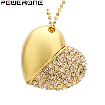 POWERONE Kristall diamant hjärta med kedja hänge USB-flash-enhet pendrive 64 GB 16 gb 32 GB USB 2.0-halsband Memory stick Gåvor