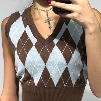 Preppy Stil Y2K Sweater Vest för Kvinnor V-neck Vintage Argyle Estetiska Gröda Toppar Streetwear Hösten Harajuku Toppar Cuteandpsycho