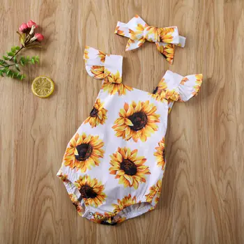Pudcoco Solros Body för Nyfödda Baby Girl Blommig Jumpsuit Pannband En Bitar Kläder Outfit
