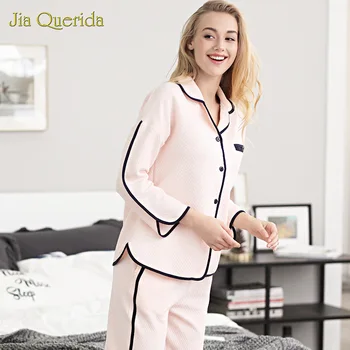 Pyjamas, för Kvinnor Hösten och Vintern och det Nya Long-sleeved Plus Size Varma Bomull Stoppning Minimalistisk Stylel Hem Kläder Damer Pyjamas