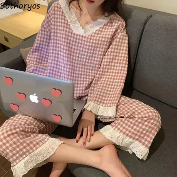Pyjamas Set långärmad V-ringad Kvinnor Hösten Rutig Spets Veckade Kawaii koreansk Stil Hemmakläder Kvinnors Eleganta Eleganta Enkla Nytt