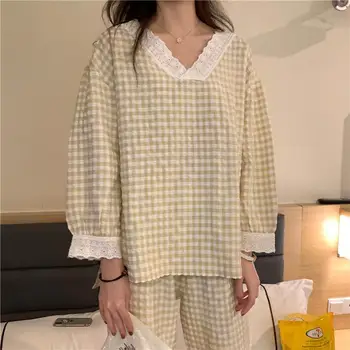 Pyjamas Set långärmad V-ringad Kvinnor Hösten Rutig Spets Veckade Kawaii koreansk Stil Hemmakläder Kvinnors Eleganta Eleganta Enkla Nytt