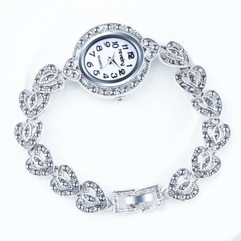 QINGXIYA Mekaniska Armbandsur Retro Vintage Klocka Kvinnor Antik Silver Färg Grå Kristall Dam Klockor Kvinnliga Armband Klocka