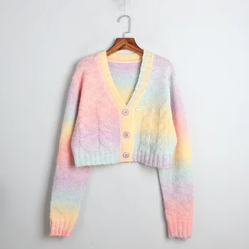 Rainbow Lutning Sweater Coat Mohair Kort Cardigan Koreanska Mode Mjuk Pastellfärg Lazy Oaf V-Neck Single-Breasted Cardigan
