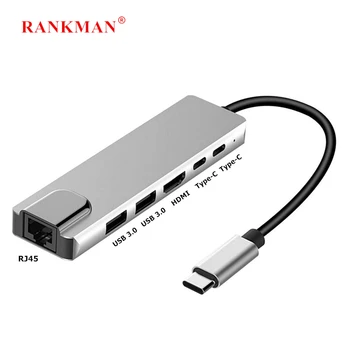 RANKMAN Typ-C till Gigabit Ethernet RJ45-4K HDMI USB 3.0-C-Adapter för MacBook Samsung S20 Dex Huawei P20 Xiaomi 10 Projektor TV