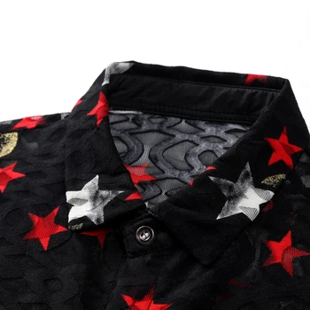 Red White Star Print Transparent Skjorta Män Club Utskrift Sexiga Designer Shirt Camisa Hombre Kort Ärm med Smal Passform Blommig Skjorta