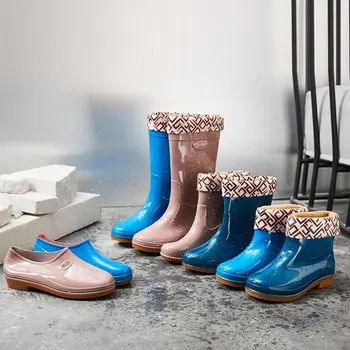 Regn skor för fyra säsonger medium hög röret sammet halkfri kök arbetarskydd skor slitstyrka regn vatten stövlar