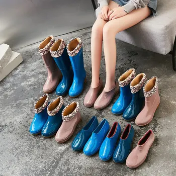 Regn skor för fyra säsonger medium hög röret sammet halkfri kök arbetarskydd skor slitstyrka regn vatten stövlar