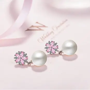 Rent 925 sterling silver mode pärla blanka cz zirkon blomma kvinnor eller damer stud örhängen smycken grossist