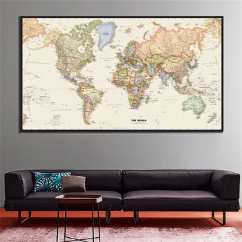 Retro världskarta Mercator Projektion Detaljerad Karta över Större Städer I Varje Land 150x100cm Non-woven Karta Utan Flagga
