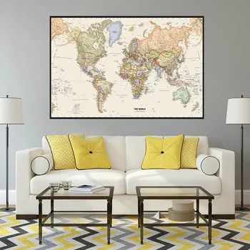 Retro världskarta Mercator Projektion Detaljerad Karta över Större Städer I Varje Land 150x100cm Non-woven Karta Utan Flagga
