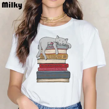 Roliga böcker och katter/hundar och kaffe-och design Kvinnor kläder 2020 t-shirt femme kawaii ut tshirt kvinnor grafisk tees tumblr kläder
