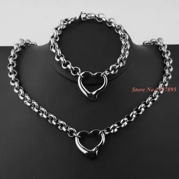 Romantiskt Smycken Ställer Silver Färg 316L Rostfritt Stål Armband&Halsband Kedja 5 mm*45cm/20,5 cm Hjärta Flicka Bröllop