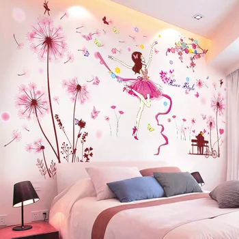 Rosa Maskrosor Blommor väggdekorationer DIY Caroon Flicka väggdekaler för Vardagsrum, Sovrum och heminredning