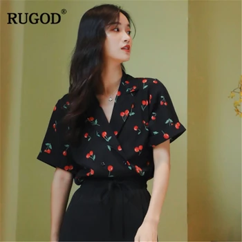 RUGOD 2020 Nya Sommar Kvinnor Cherry Print Mode Shirt Skårad Krage V-neck Lös Kvinnor Blus Eleganta Temperament Snygga Toppar