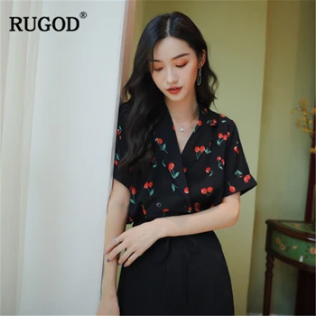 RUGOD 2020 Nya Sommar Kvinnor Cherry Print Mode Shirt Skårad Krage V-neck Lös Kvinnor Blus Eleganta Temperament Snygga Toppar