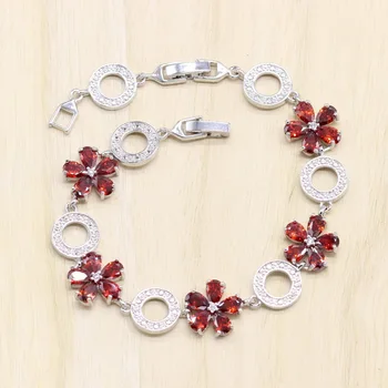 Rund Röd Cubic Zirconia Kvinnor Nådig Silver Färg Smycken Uppsättningar Örhänge Pendant Halsband Armband Ring Gift Box