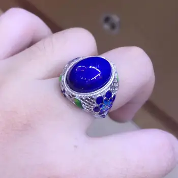 S925 silver ring kvinnliga mosaik med naturlig lapis lazuli cloisonne filigran justerbar kvinnors silver ring