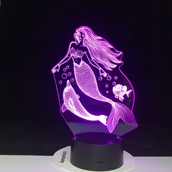 Saga Mermaid Med Delfiner Prinsessan nattlampa LED Bebis Sovande 3D-Lampa heminredning Fest Jul nyår Gåva