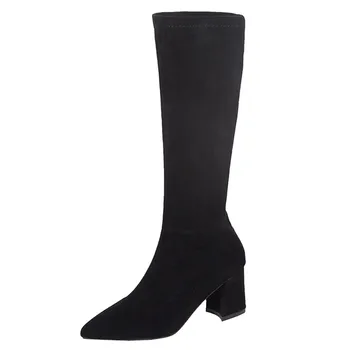 SAGACE skor Mode för Kvinnor Ren Färg Rund Tå Slip-On Boots Vintern Square Högklackat Vintage Casual nya stövlar kvinnor 2019Oct10