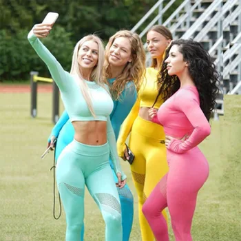 SALSPOR Yoga Set Kvinnor Sport Passar Träningskläder 2 Bit Sömlös Ihåliga Ut Fitness Long Sleeve Top Hög Midja Träning Leggings
