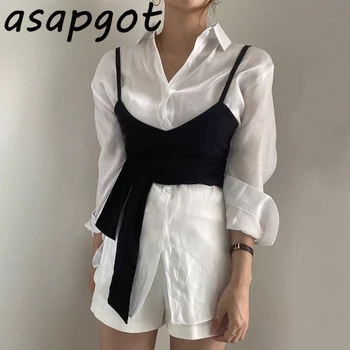 Sexig Kort Båge Camisole Toppar Hösten 2021 Chic koreanska Casual Kavajslag Blus Single-breasted Glans Lös långärmad Shirt Retro