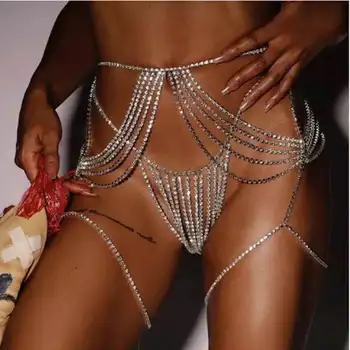 Sexiga kvinnor är Lyx Organ smycken tofs crystal bikini underkläder set kedja behå suspender multi-layer crystal midja kedja T-shirt