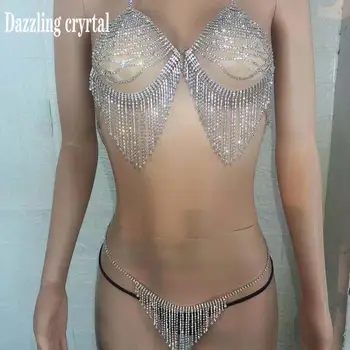 Sexiga tofs full-bh, stringtrosor byxor kedja mode för kvinnor organ smycken lyxiga Rhinestone kroppen kedja beach bikini tillbehör
